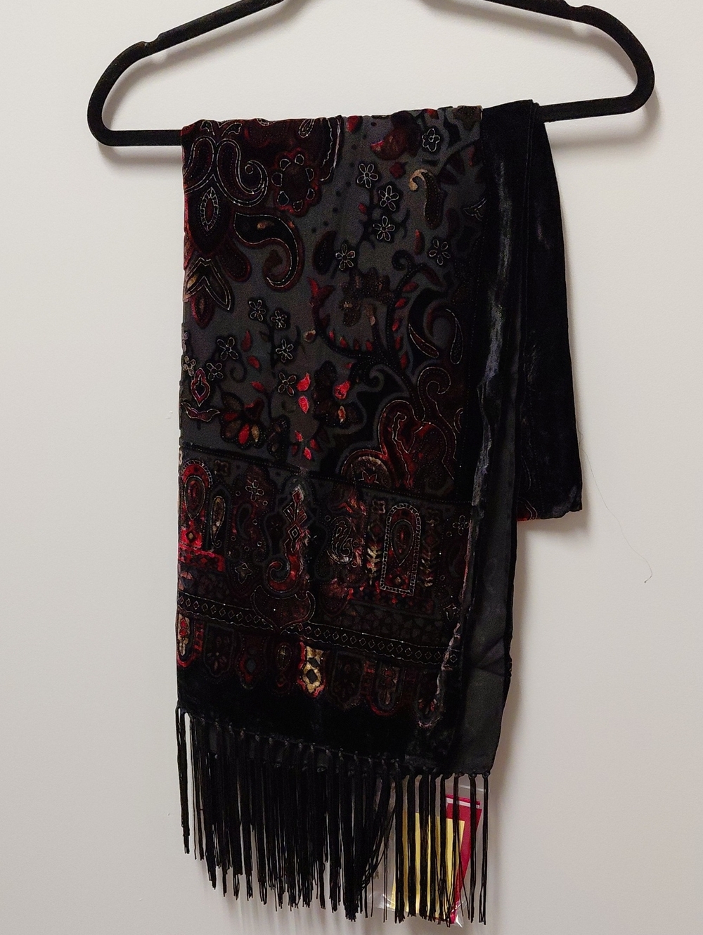 Susan Graver Black Velvet Fringe Scarf with Subtle Burgundy Accents NWT